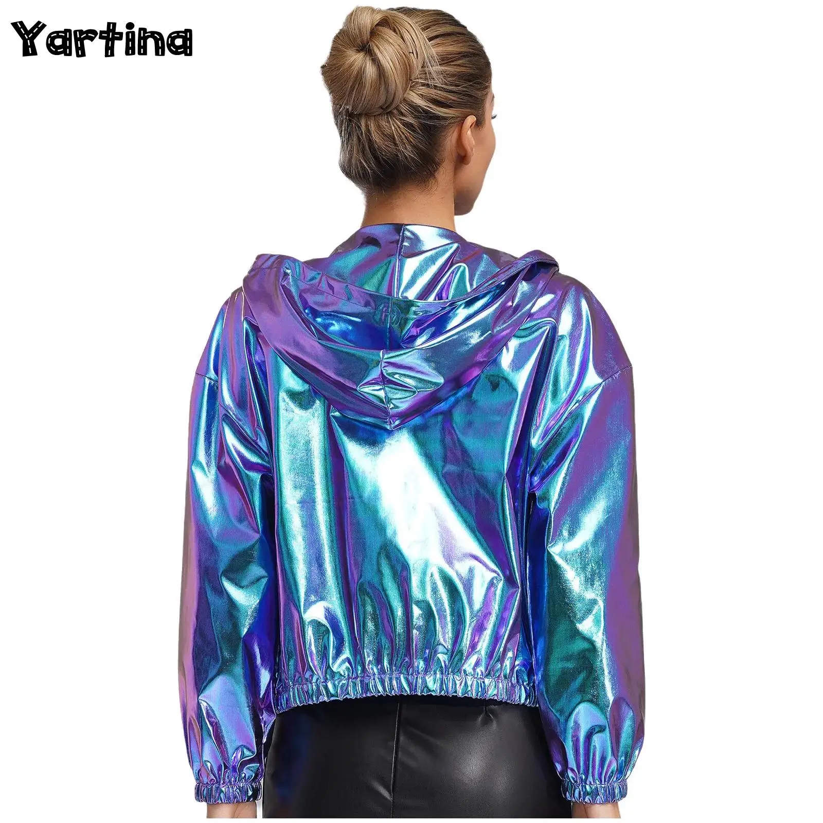 

Women Holographic Hip Hop Hooded Jacket Sparkly Metallic Zipper Short Jacket Coat Outerwear Club Wear Rave Performance Costume