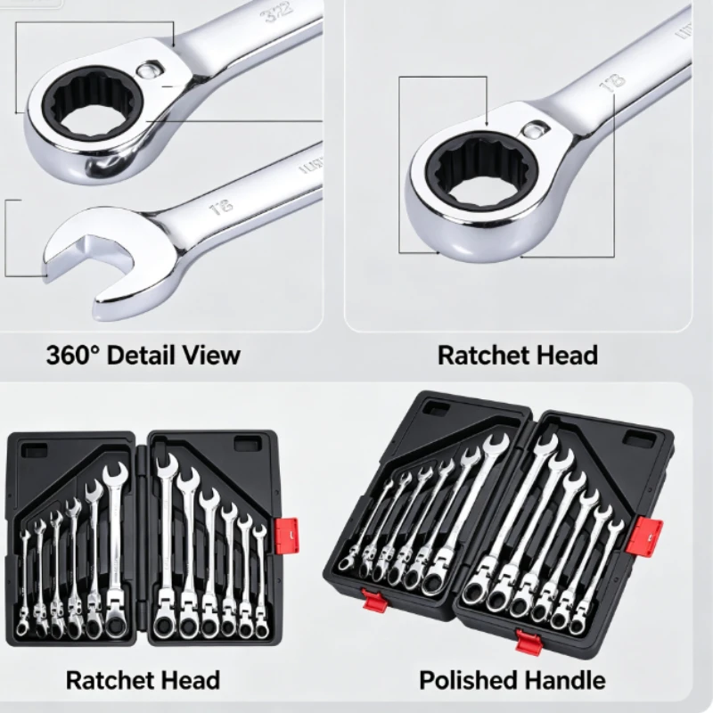 Heavy Duty Ratchet Wrench Set With Flexible Head For Automotive And Mechanical Repair Work