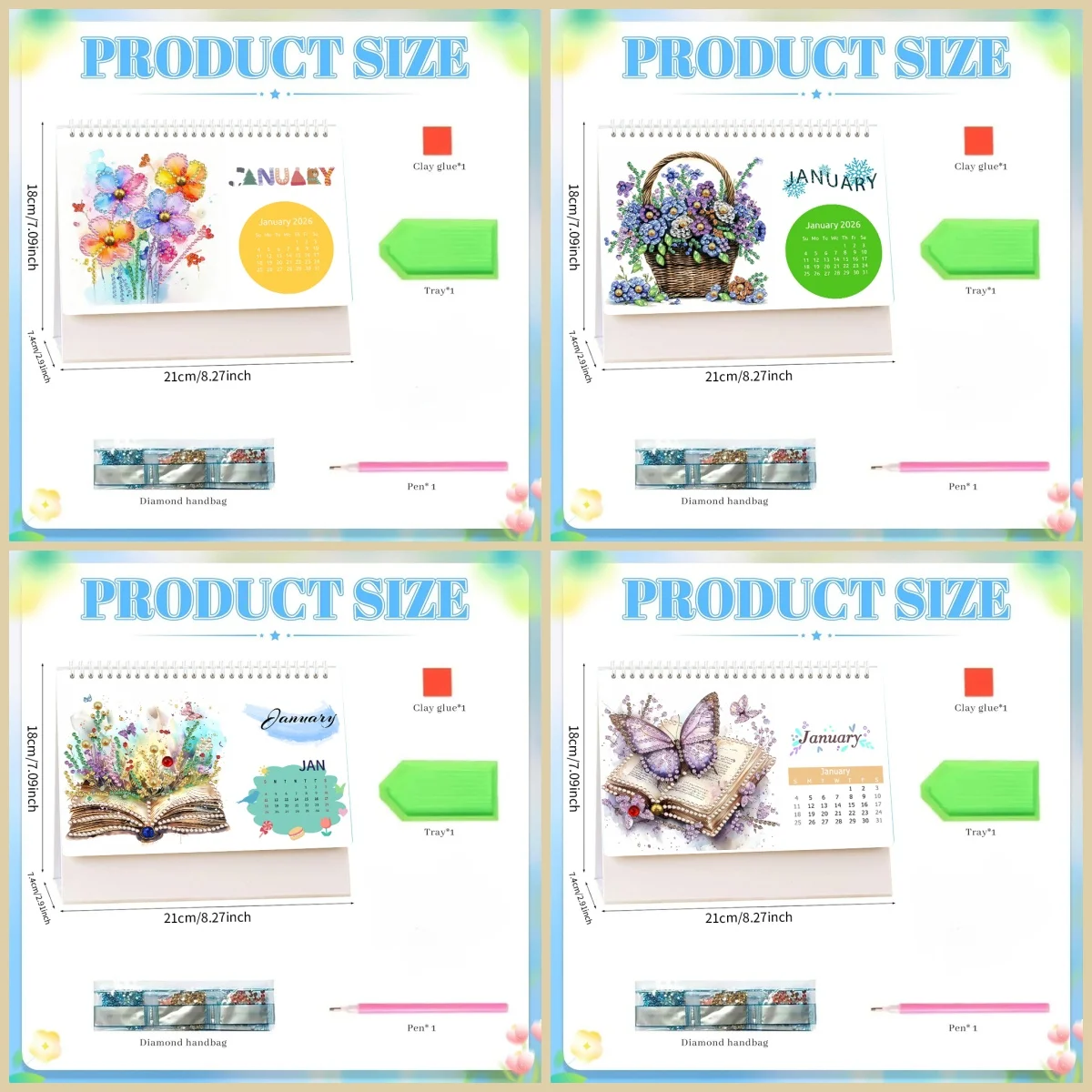 1 Piece of Diamond Painting set, Calendar, flower, Butterfly pattern, paper Material, desk, public place, etc. desktop Placement