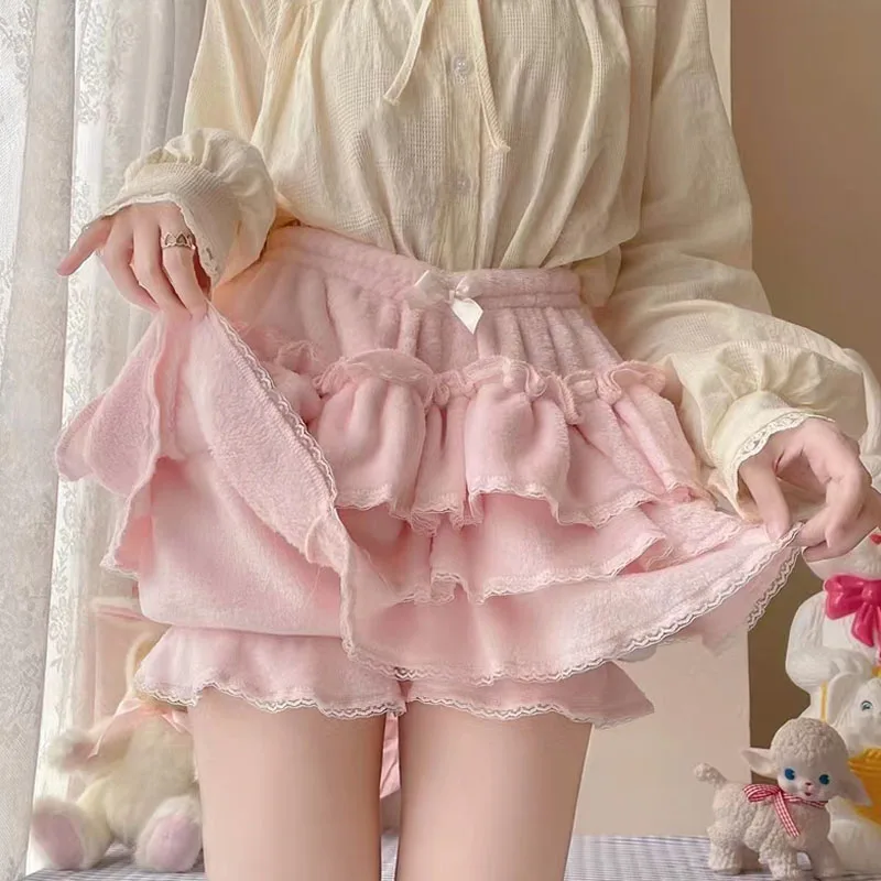 Harajuku Sweet Lolita Shorts Skirts Autumn Winter Plush Bloomers Y2k Japanese Kawaii Knickers Women Lace Bow Safety Short Pants