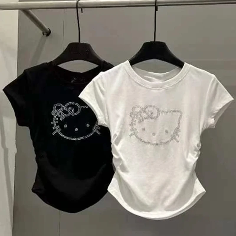 HelloKitty Korean Cartoon Rhinestone T-shirt Women's Round Neck Short Sleeve Irregular Slim Crop Top