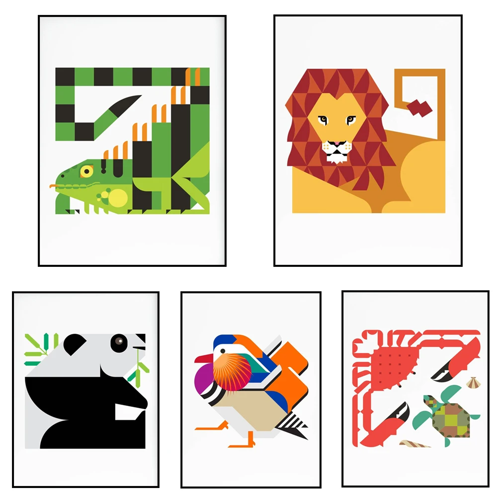 Charming modern bear and salmon, bald eagle, panda, mandarin duck, crab and turtle, abstract animal poster for medieval children