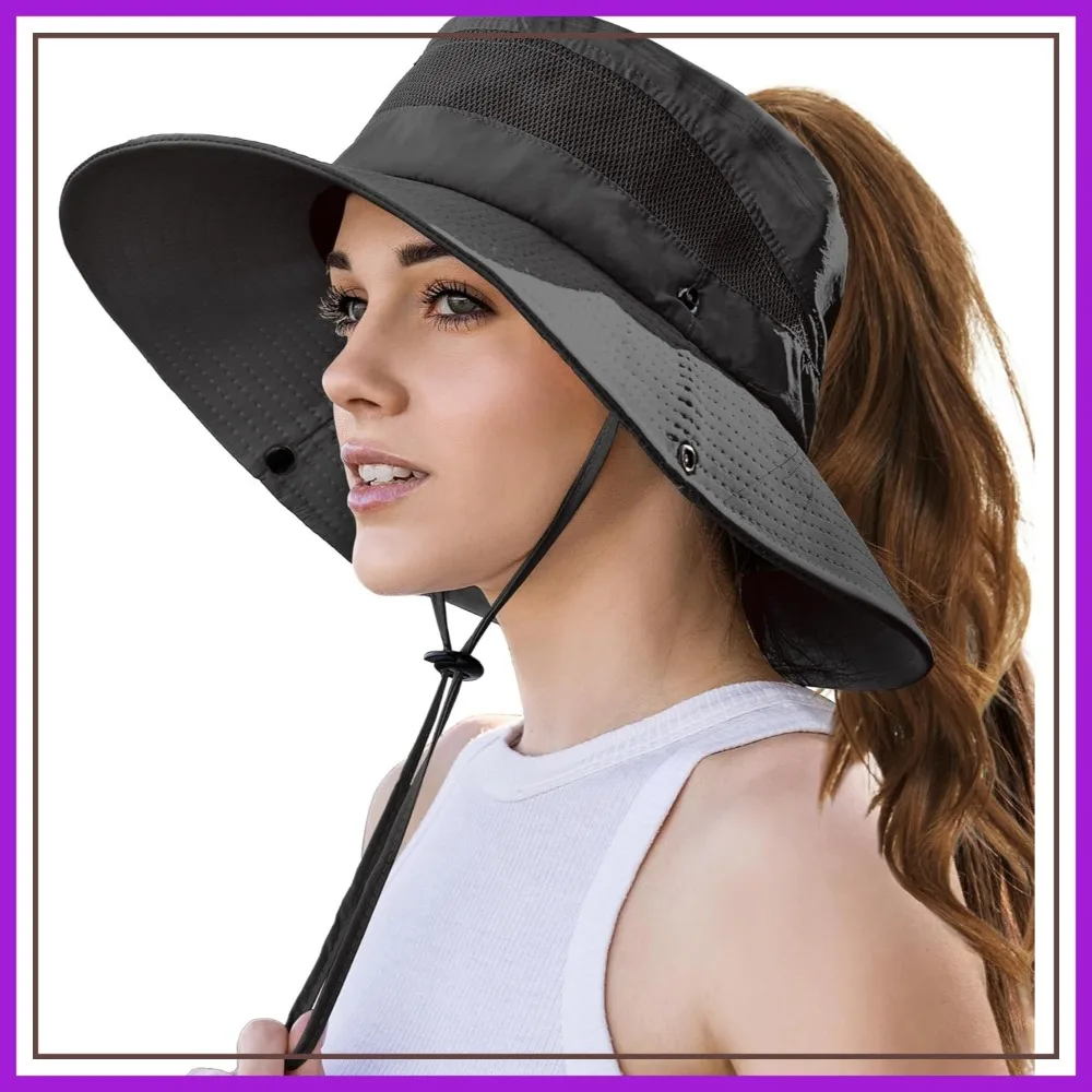 

UPF 50+ Sun Bucket Hats for Women with Ponytail Hole, Waterproof Beach Hat for Hiking Safari Fishing