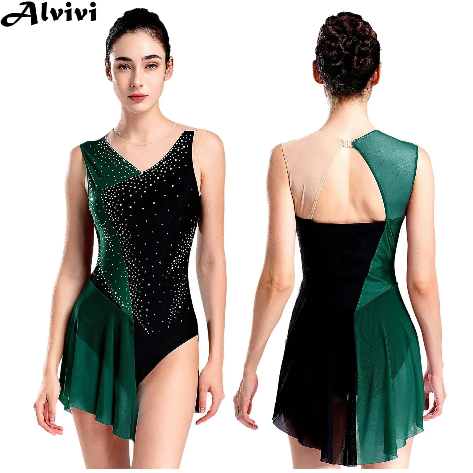 Women Figure Skating Clothes Sleeveless Rhinestones Mesh Leotard Dress Dancewear for Ballet Gymnastics Lyrical Dance Acrobatic