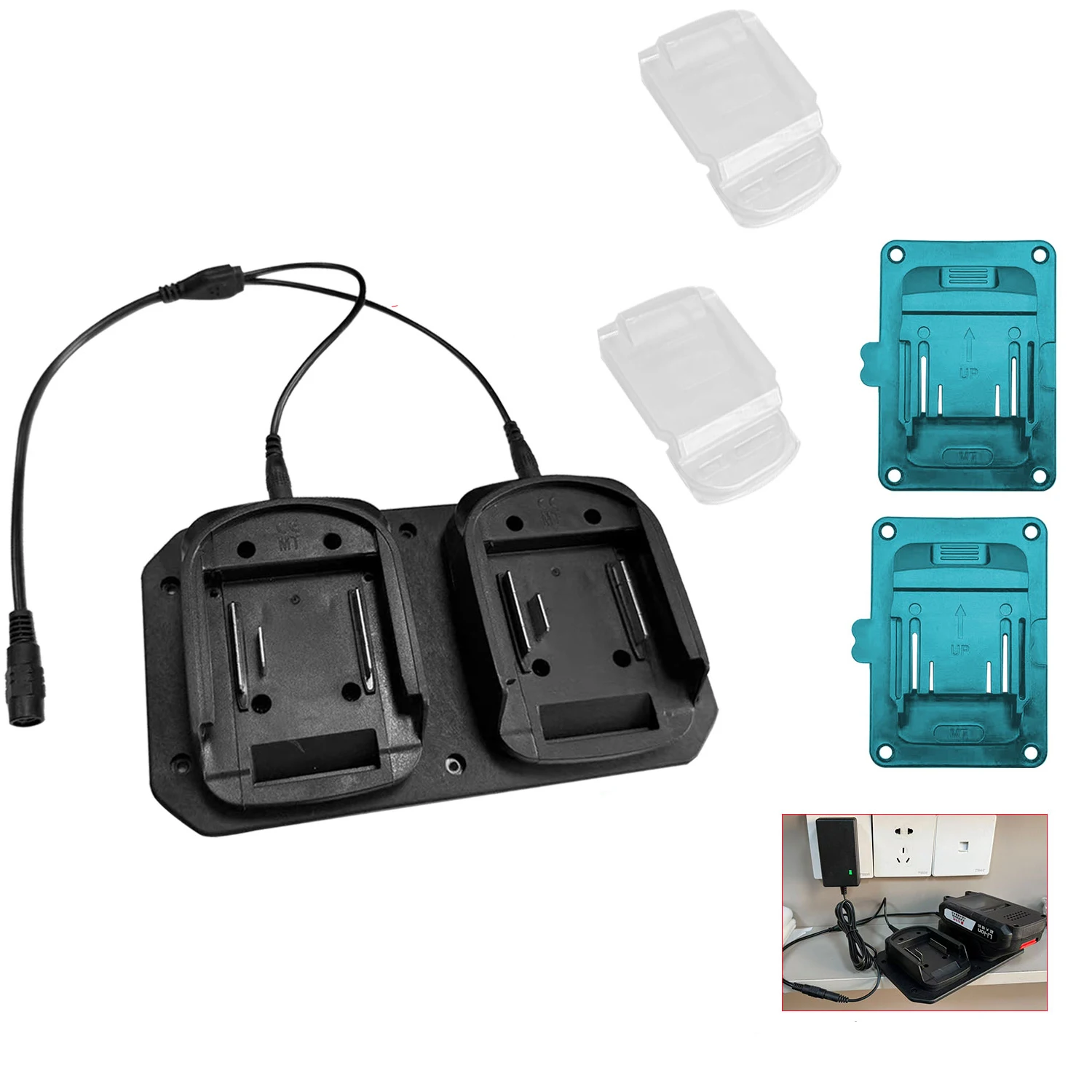Lightweight Dual Port Battery Charger for BL1830 BL1840 with Wall Mount Bracket Compact 19 x 10.5cm Black Plastic Unit