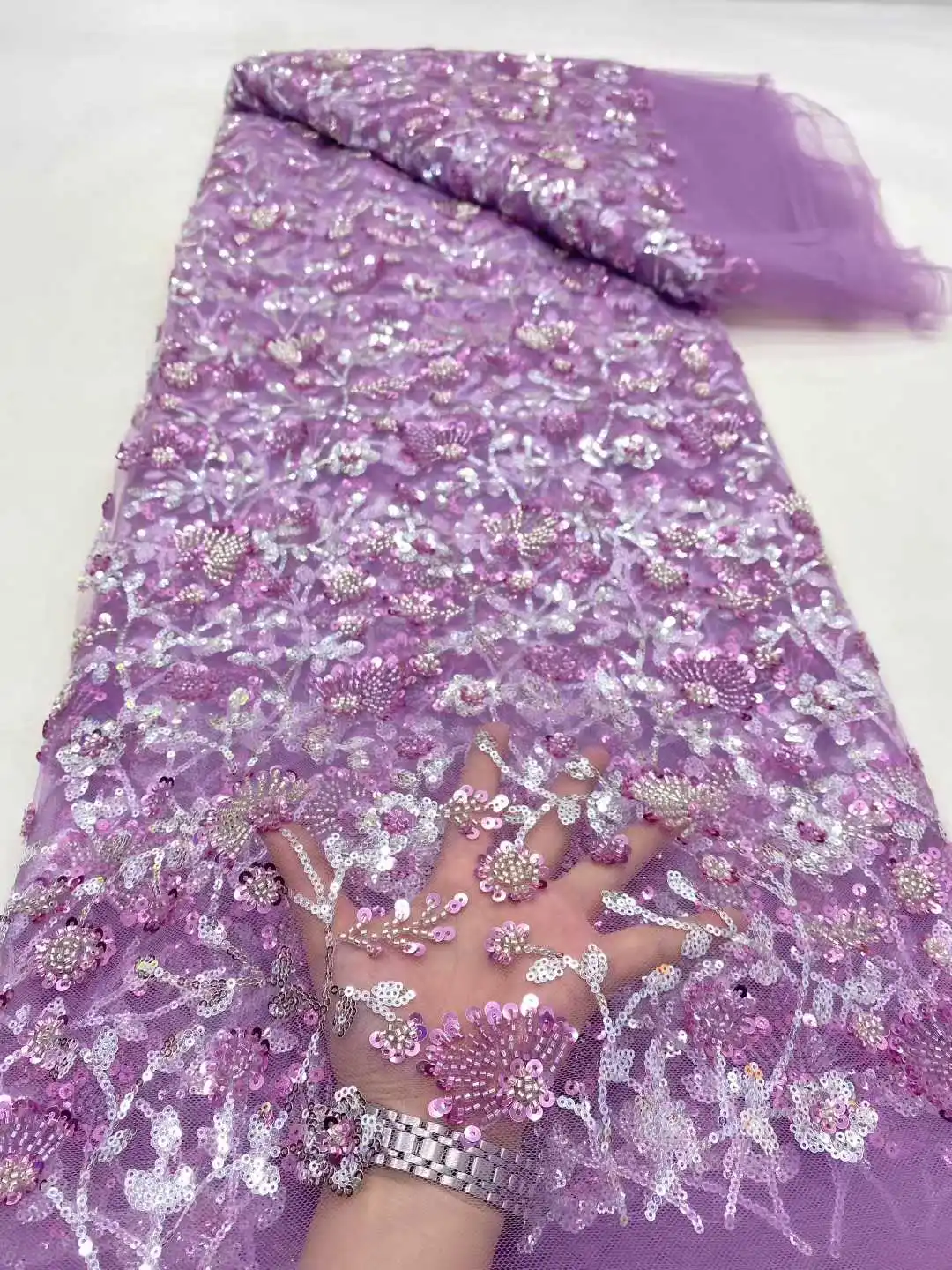 

Beaded Lace Fabric French Tulle Embroidery Lace High Quality African Sequins Beads Fabric For Women Wedding Dresses 5Yards
