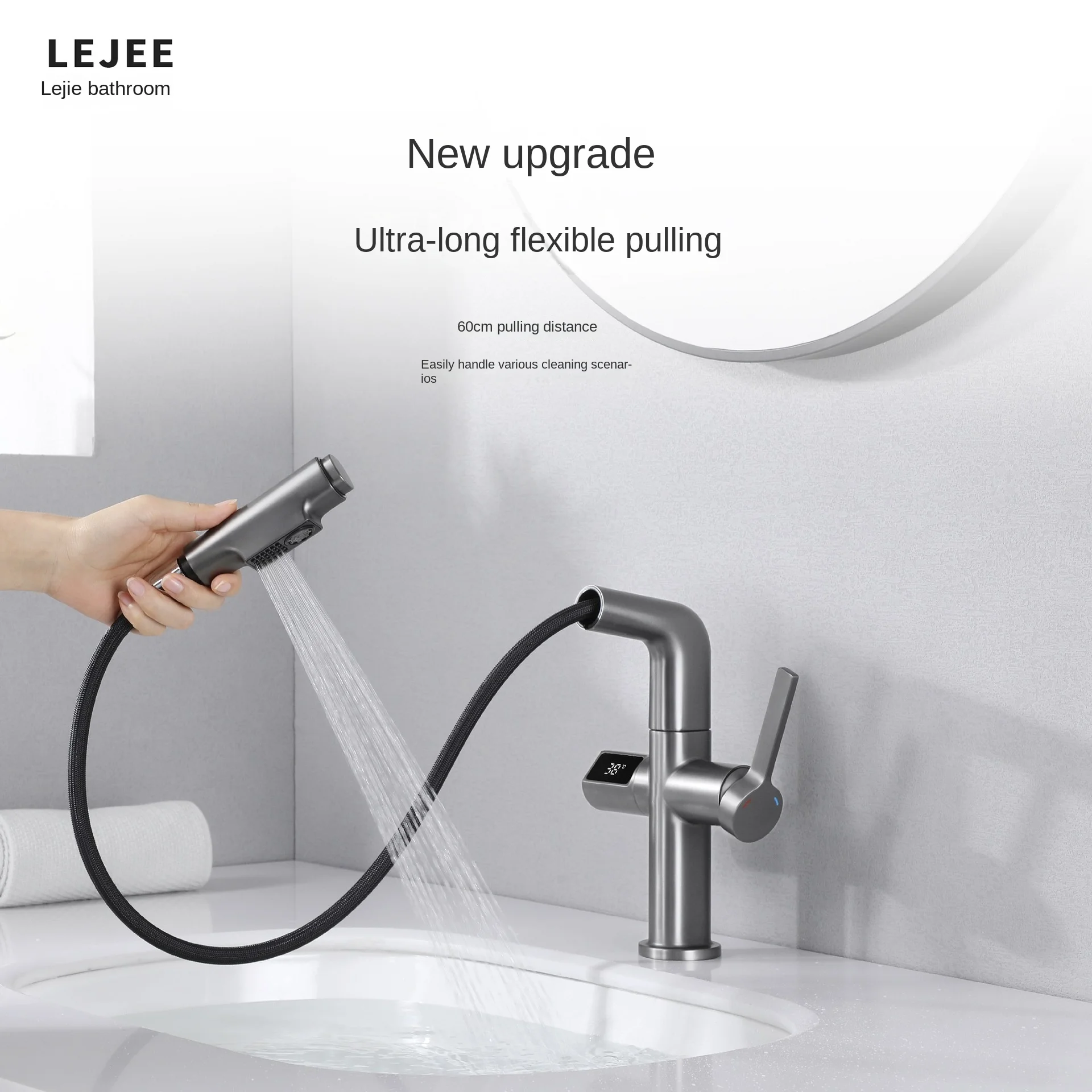 Bathroom Basin Faucet Brass Digital Display Faucet High-level Faucet Cold and Hot Water Lifting Bathroom Faucets