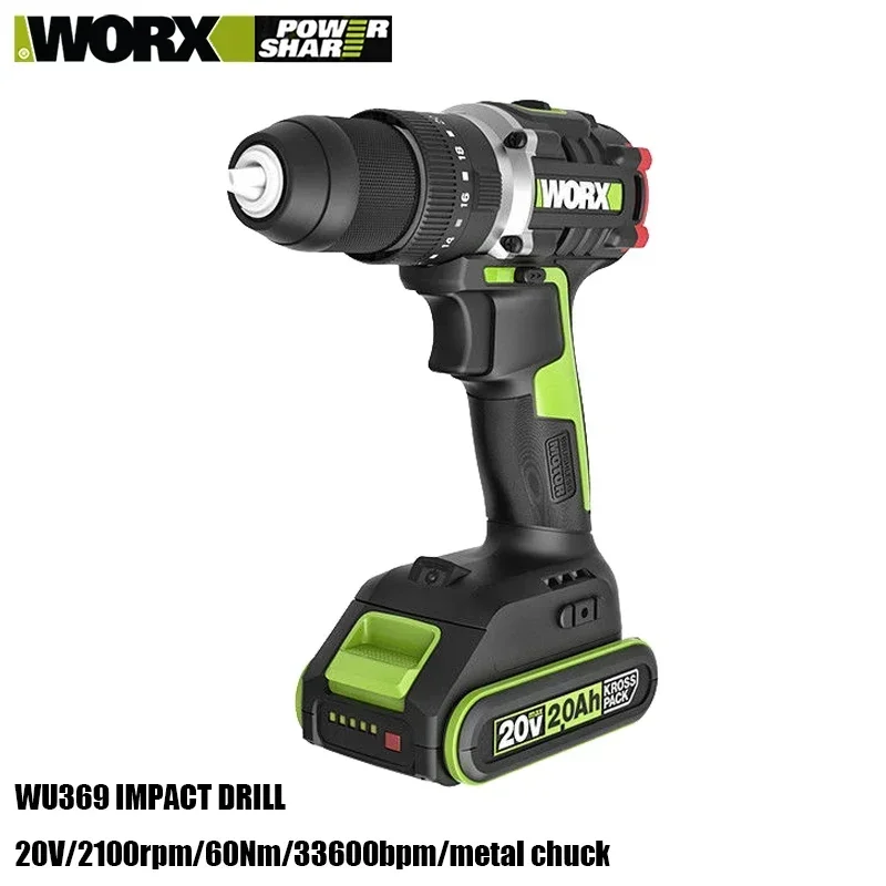 Worx WU369 Cordless Impact Drill Brushless Motor 20v Max 60Nm 2100rpm 33600bpm Multifuncitonal Share Green Battery Platform