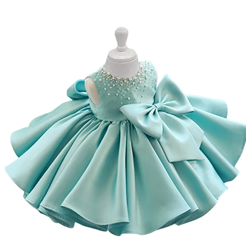 Rosa weiße Perlen Satin Puff Baby Blumen mädchen Kleid für Hochzeit blaue Minze Geburtstag zeremonielle Tutu Ballkleid für Kleinkind Kinder – Detail 6
