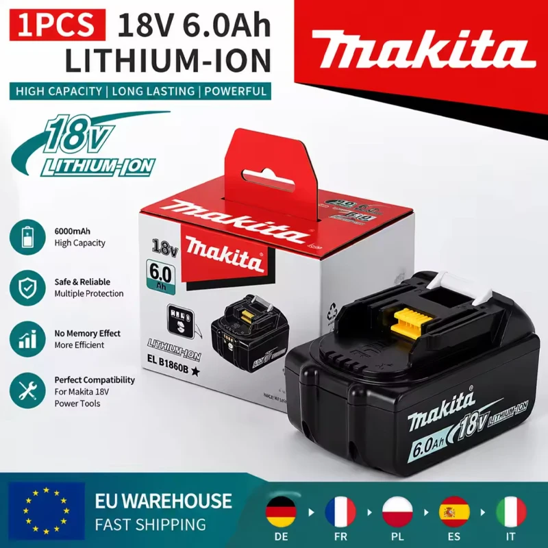 Original-Makita-Akku, 18 V, 6,0 Ah, wiederaufladbarer Lithium-Akku, ersetzt den Makita 18 V BL1830, BL1850 Akku für Elektrowerkzeuge von Makita