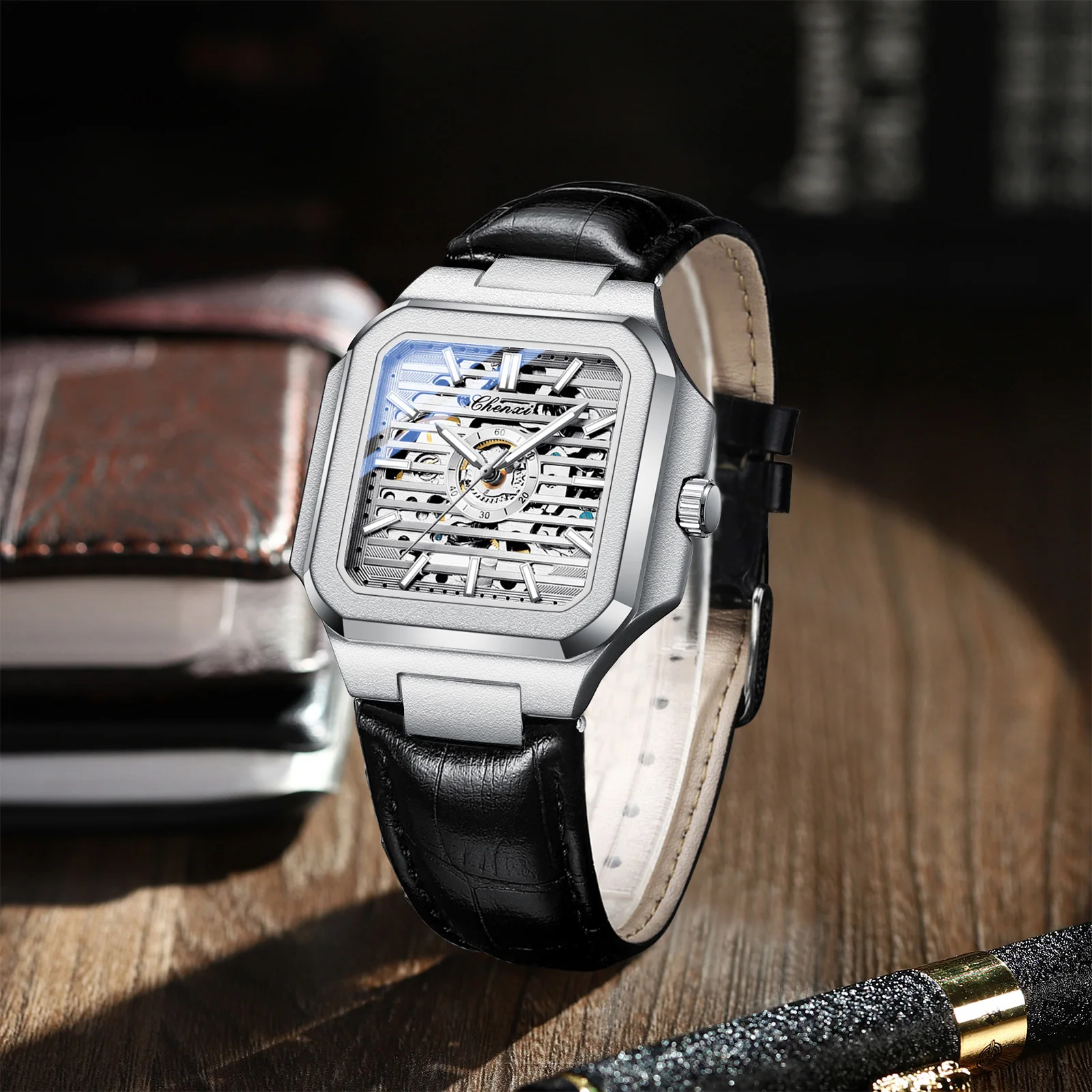 CHENXI الساعات الميكانيكية الجديدة للرجل الهيكل العظمي تصميم فاخر مربع مقاوم للماء التلقائي رجل التناظرية ساعة اليد الأعمال