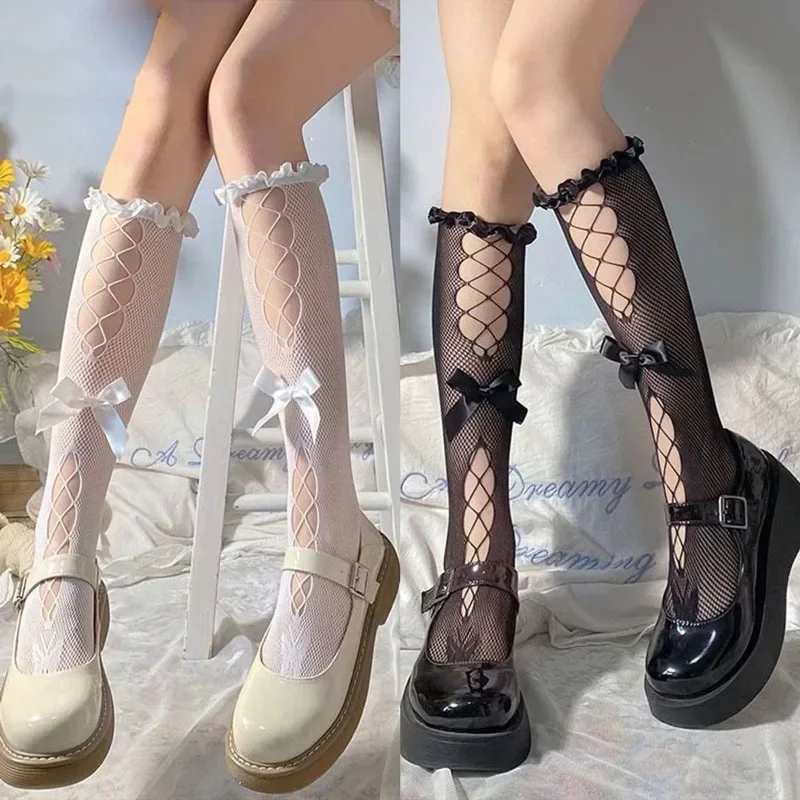 Fishnet Bowknot Hollow Out Long Socks Japanese Sweet Lace Girls Bow Cross Ties Calf High Stockings Women Flounce Mesh Socks