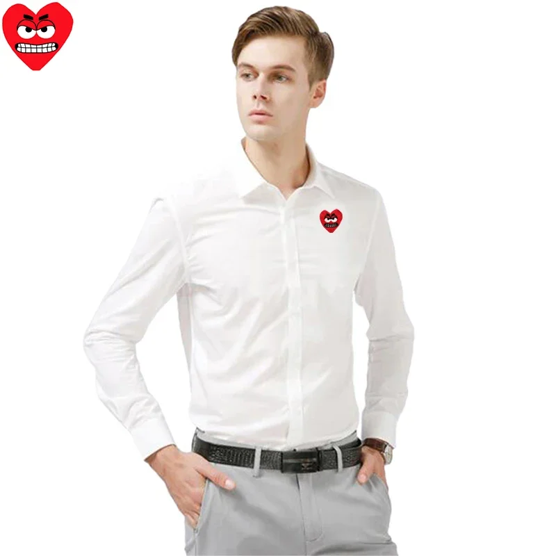 Break Egg Men Shirt Polyester Cartoon Cute Snag Heart Embroidery Lapel Single Breasted Spring Casual Fit Shirt