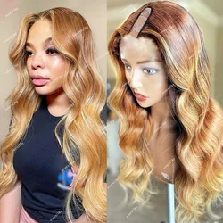 Ombre Honey Blonde Loose Wave  V Part 100% Human Hair Wigs Highlights Brown Side/Middle Open Wig Peruvian Body Wave Full U Shape