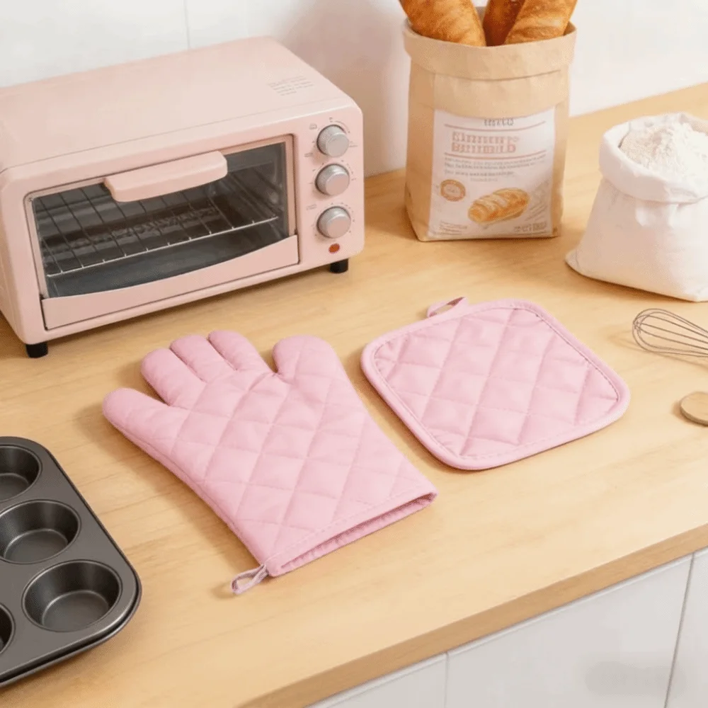 Simple Cotton Quilted Oven Mitt Set Anti-Scalding Non-slip Oven Glove Rhomboid Texture Solid Color Potholder Hot Bowl