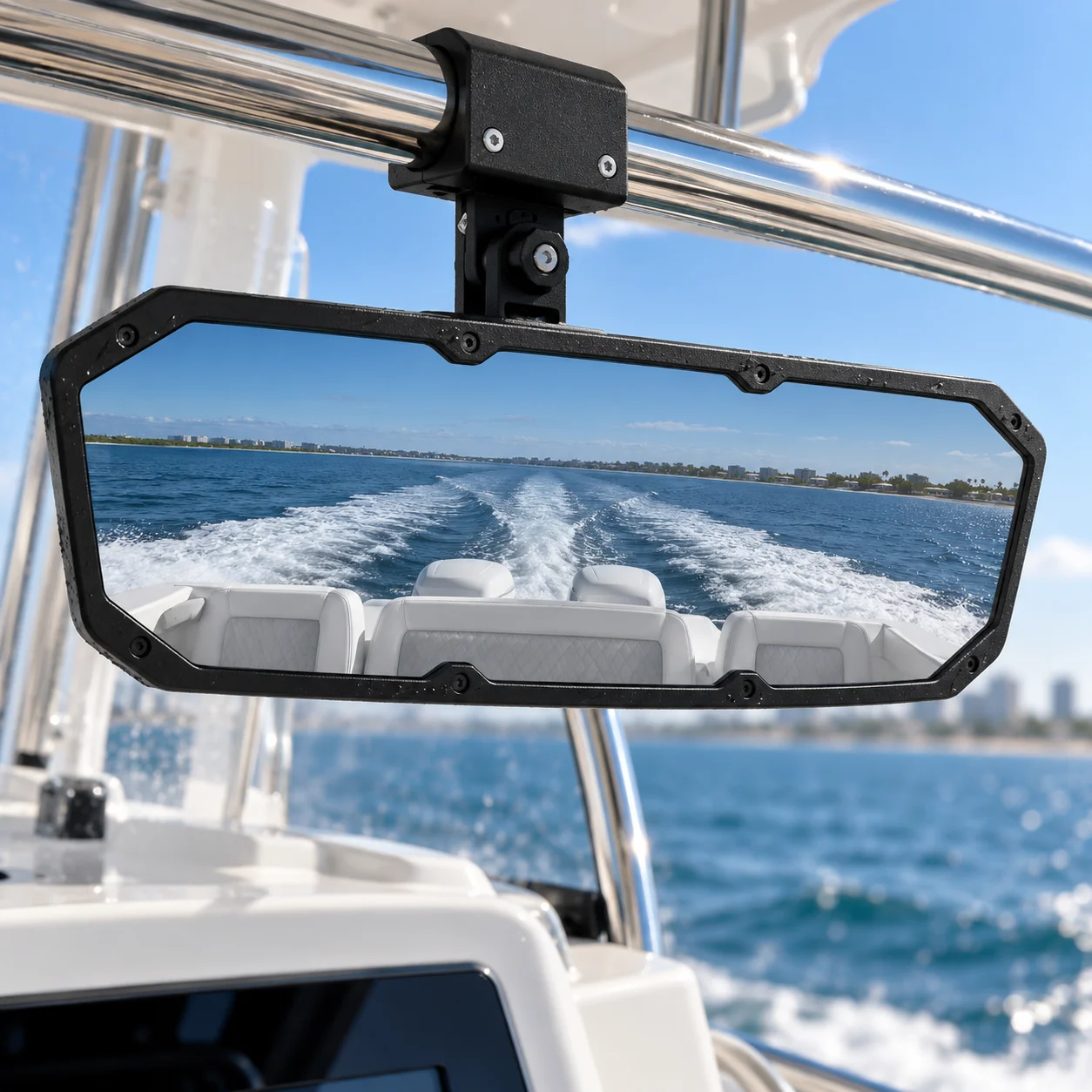 Boat Rearview Mirror with Wide Angle Lens Adjustable Mount and Waterproof Design for Rearward Visibility on PWCs Yachts and UTVs