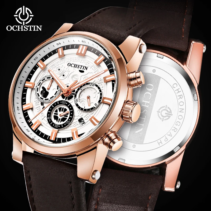 OCHSTIN Men Soft Genuine Leather Strap Sport Watch Pilot Series Multifunction Quartz Clock Male Waterproof Business Wrist