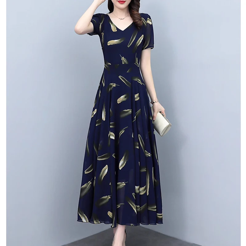 Women Chiffon Long Dresses Summer Female V Neck Short Sleeve Large Size 5XL Elegant Slim A Line Pleated Printed Party Vestidos