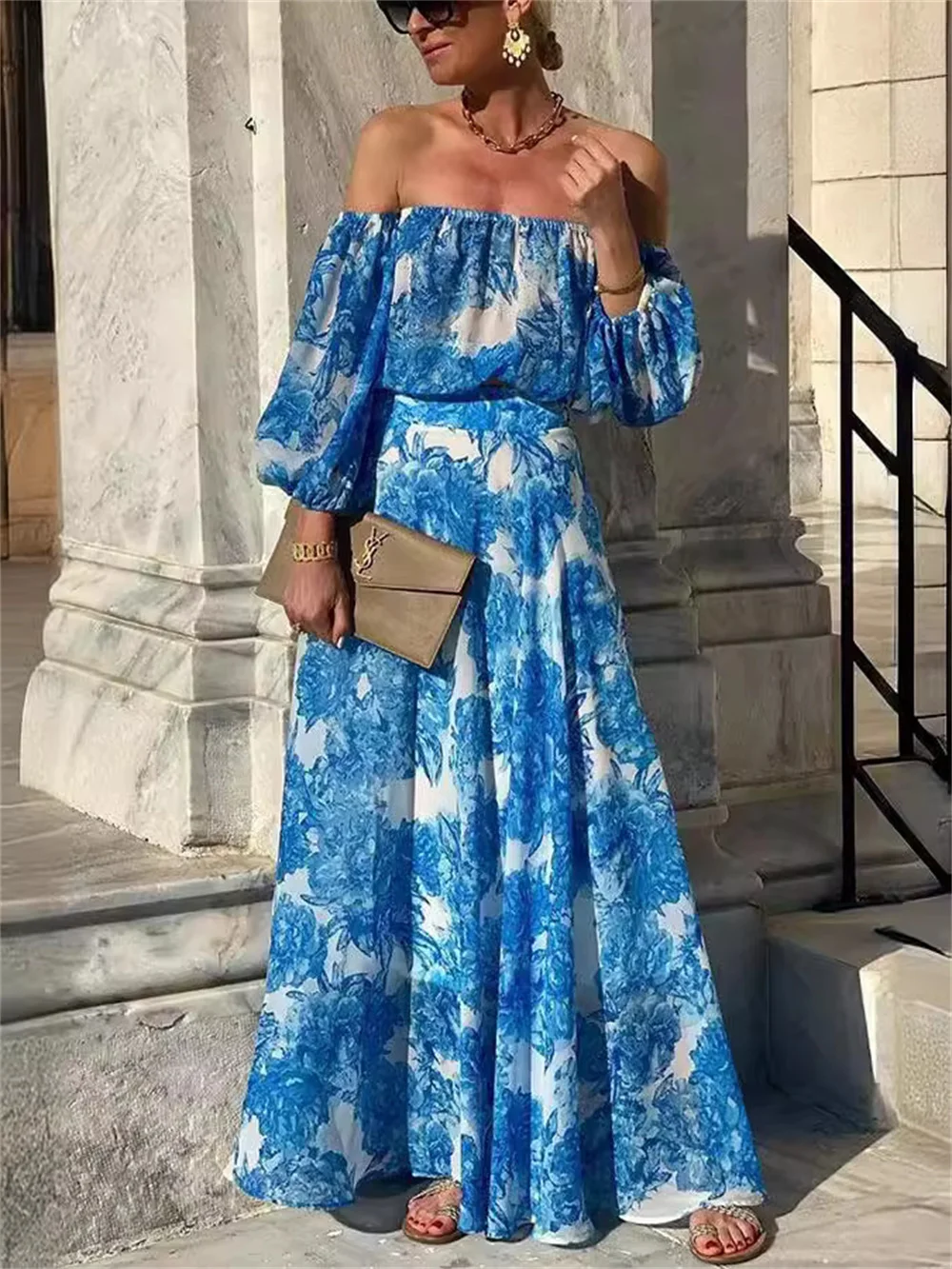 

Summer Blue Printed Slash Neck Maxi Dress for Women Sexy Long Lantern Sleeve Loose Dress 2024 Lady Beach Party Dresses Robe