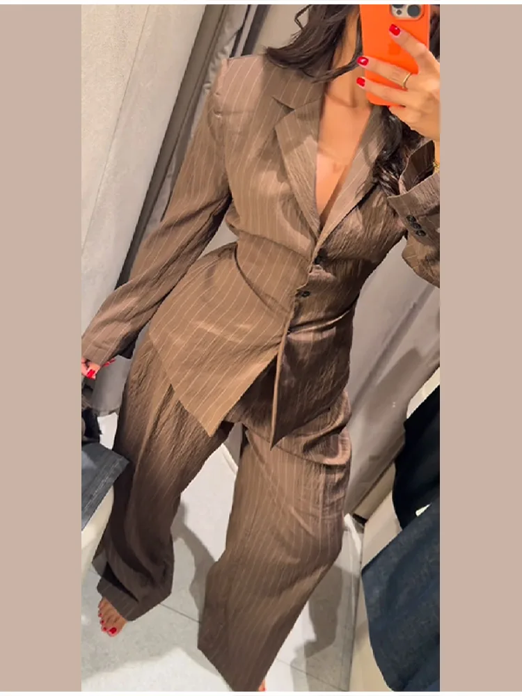 Elegante gestreifte Damenanzüge, schicke Kaffee-Taillenkrawatte, Anzughose, weiblich, 2-teiliges Set, 2025, NEU, Herbstmode, lässiges Büro-Outfit – Detail 5