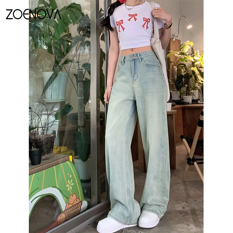 ZOENOVA Maillard Retro Nostalgic Women's Jeans Summer Street Casual Versatile Y2K High Waist Loose Straight Denim Wide Leg Pants