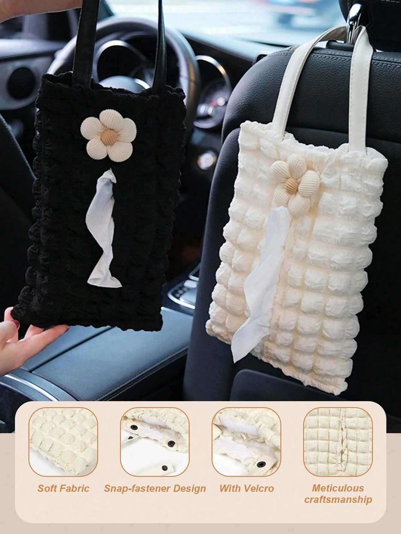 Luxury Puff Grid Car Tissue Box, Cute Bear, Car Tissue Bag, Large Capacity, Hanging Seat Back Organizer, Soft Quilted Fabric, Ki