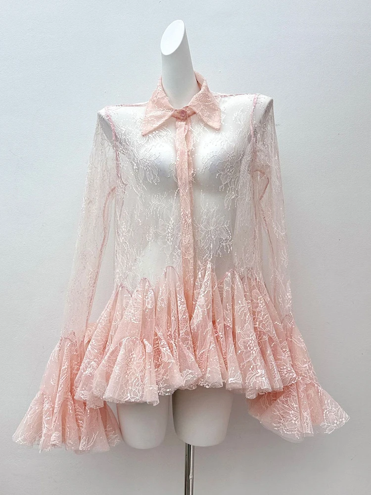 Sexy doorzichtige kant patchwork lovertjes uitlopende mouwen shirt 2025, herfst damesmode meerlaagse gegolfde losse jurk