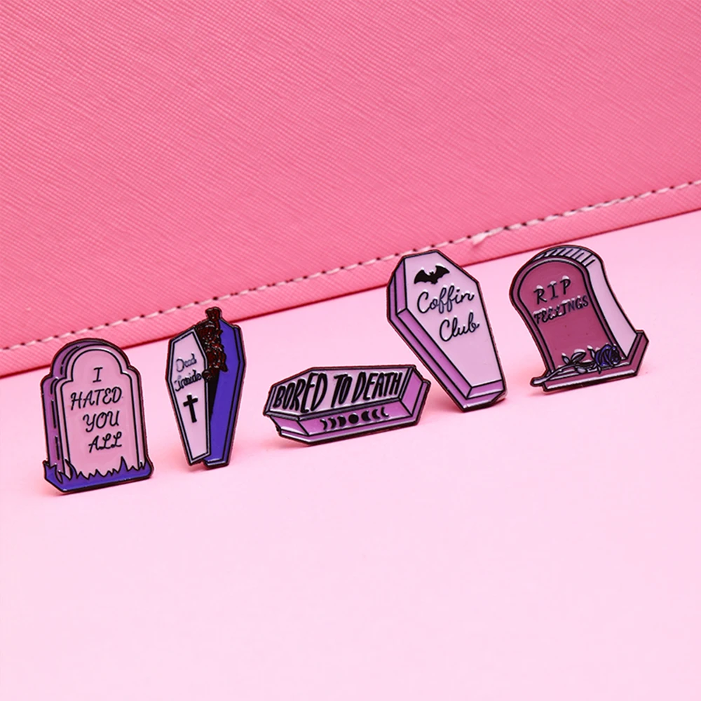 Personality 5Pcs/Set Pink Coffin Tombstone Collection Pins With Letter Bored To Death Hated You All  Brooches