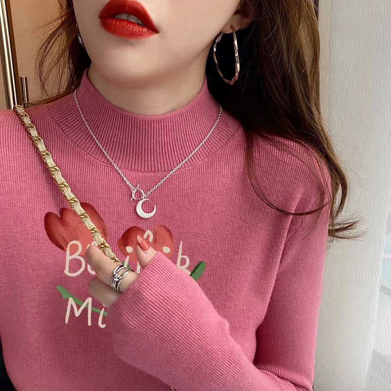 

Half High Neck Letter Print Elastic Bottoming Sweater Y2k Vintage High Street Knit Jumpers Autumn Winter Office Lady Pull Femme