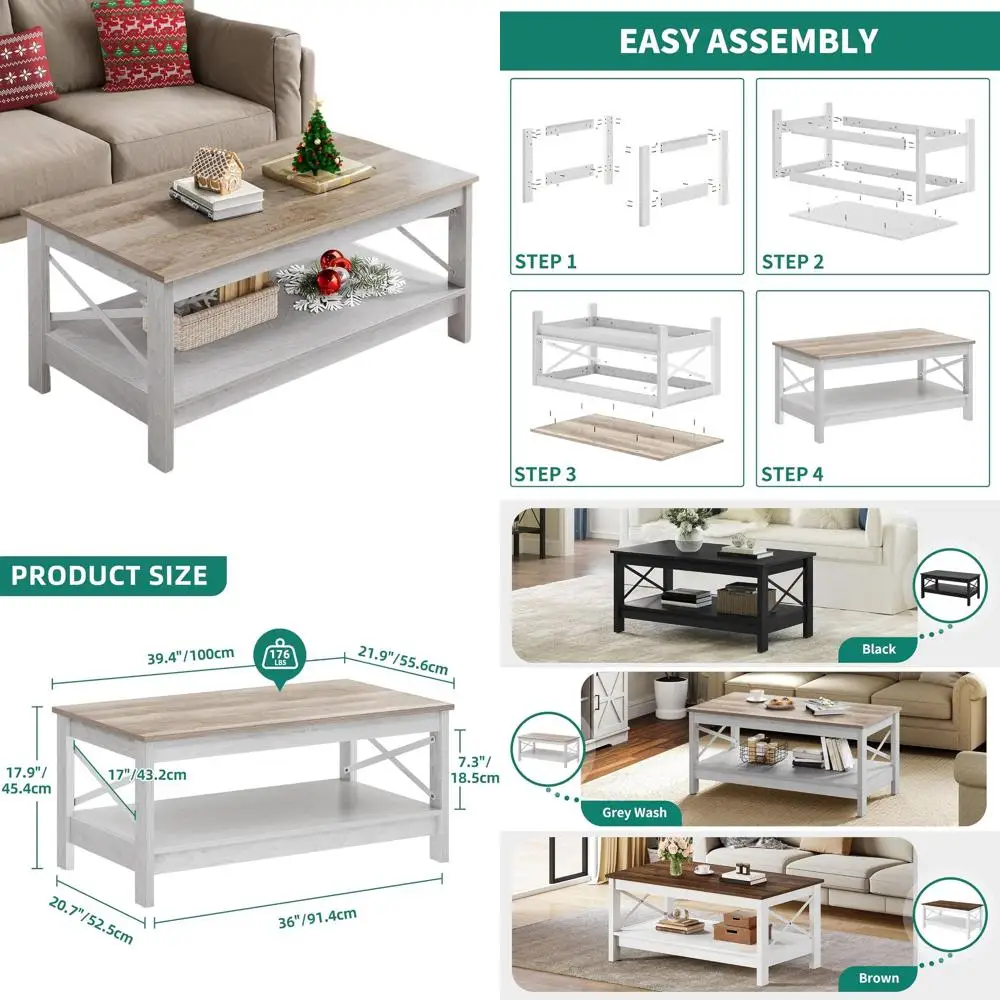

Modern Farmhouse Style Coffee Table - 2-Tier Storage, Grey Wash Wood, Living Room Accent