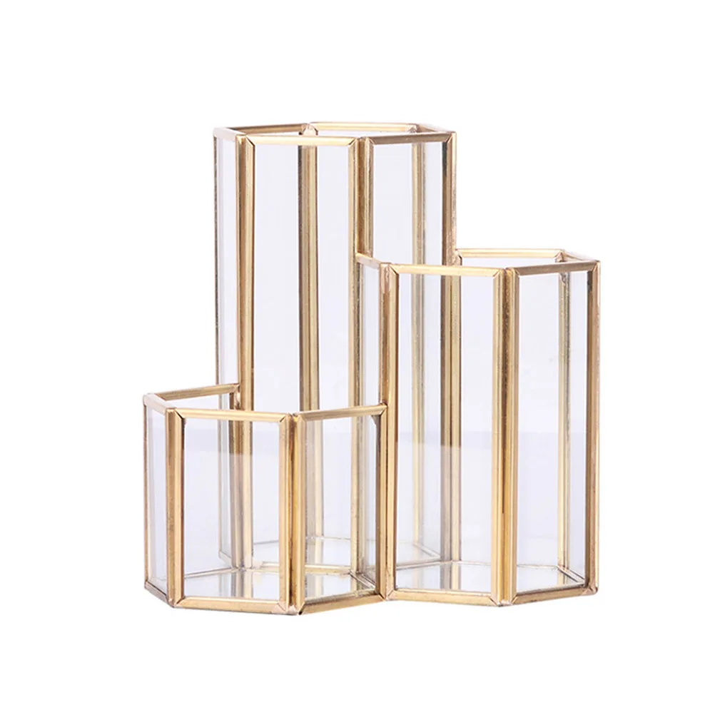 

Glass Pencil Container Nordic Hexagonal Gold Desktop Pen Holder Lightweight Portable Organizer Pencil Container