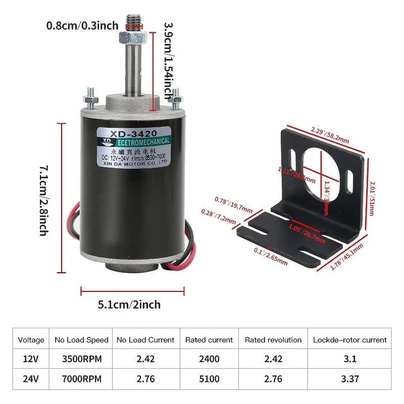 XD-3420 30W High Torque DC Motor 12V/24V Permanent Magnet Motor Mini DC Motor DIY Generator Motor CW/CCW with Bracket