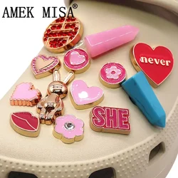1 Pcs Luxury Gold Metal Rabbit Shoe Charms Accessories Pink Heart-shaped Flower Sandal Upper Decarations Cone Marble Clogs Pins
