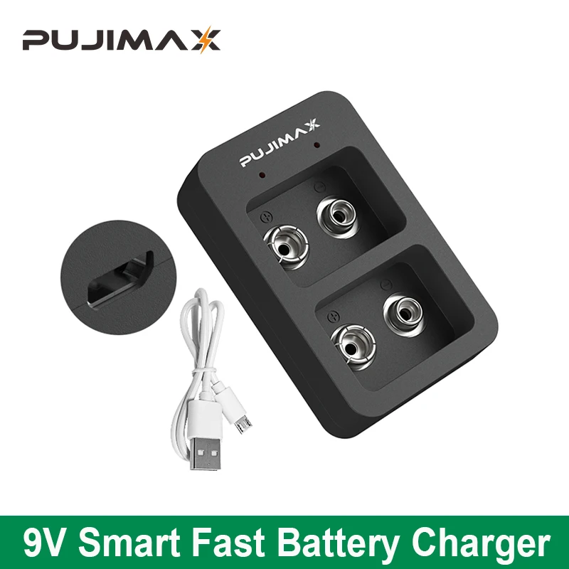 

PUJIMAX 2 Slots Multi-function Ni-Mh 9V Battery Charger 9V Rechargeable Lithium-ion Battery Charger For Smoke Alarm Microphone