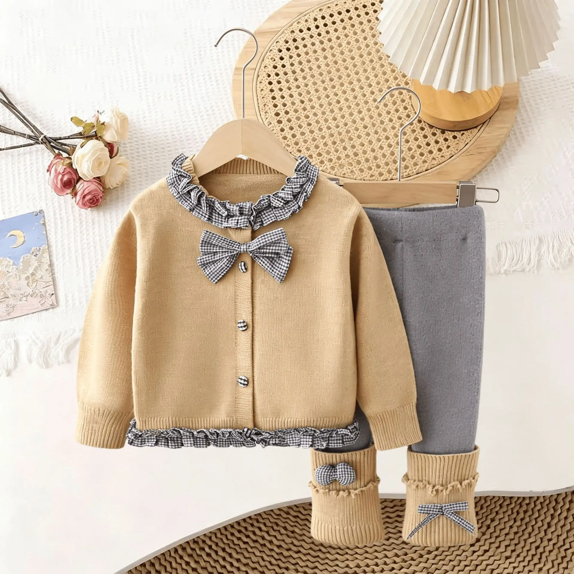 Girls Knitted Cardigan Leggings Set 2026 New Plaid Bow Jacket Sweater Stacking Socks