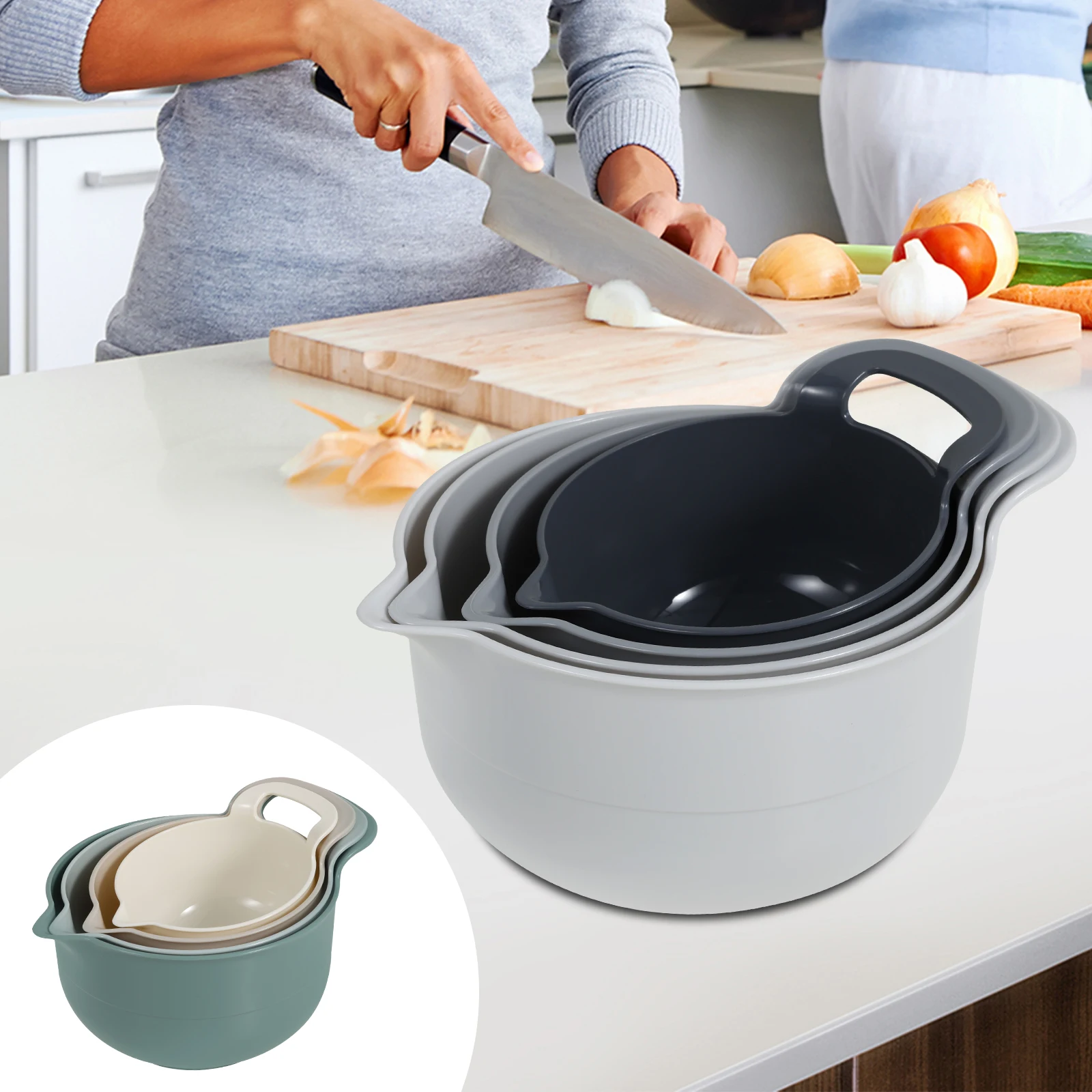 

4 шт., набор пластиковых мисок для смешивания, многоразовая пластиковая миска для смешивания, многофункциональный контейнер для гнездования для кухни, приготовления пищи, выпечки