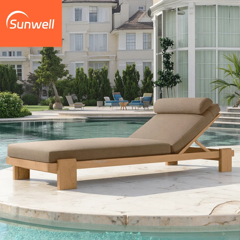 

Minimalist Modern Outdoor Solid Teak Wood Sun Lounger All Weather Fabric Cushion Comfortable Sun Bed Chaise Lounge for Hotels