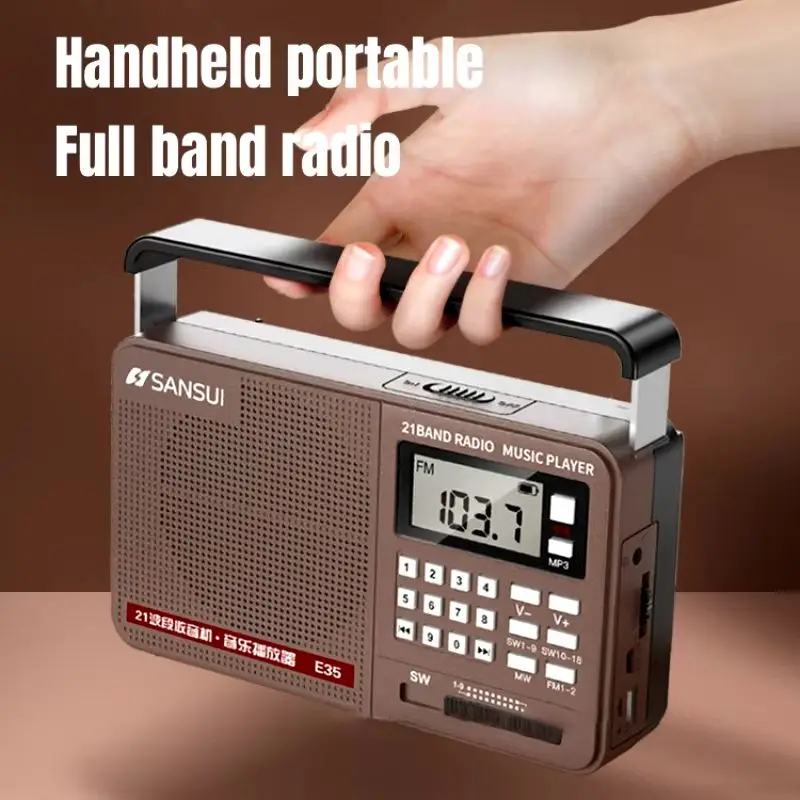 Radio E35, altavoz Retro Digital portátil, reproductor de música de graves HiFi, FM AM SW, banda completa con linterna LED, compatible con tarjeta USB TF