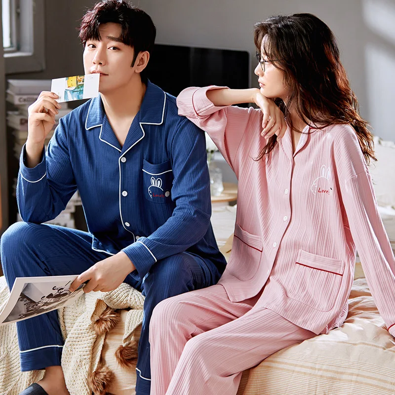 Spring Autumn Couples Cotton Sleepwear Long Sleeve Sleep  Top & Pant Men's Pajamas Set Women's Korean Fashion Pyjamas Pjs Home