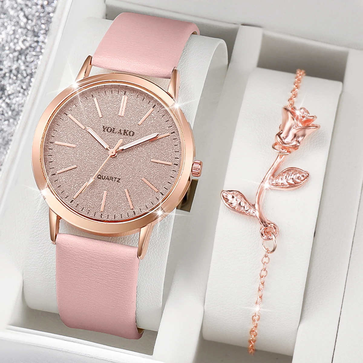 2PCS/Set Women\'s Watch Shiny Fashion PU Leather Analog Quartz Watches Rose Flower Bracelet