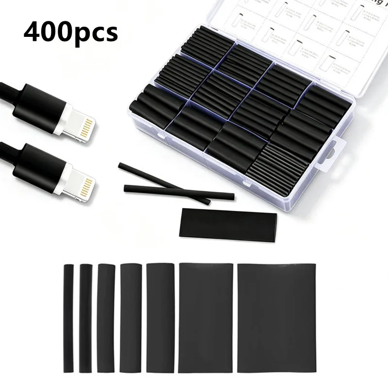 400pcs Black Heat Shrink Tubing Kit 3:1 Ratio Adhesive Lined Wire Shrink Wrap Assorted Sleeving for DIY Industrial Cable Wire