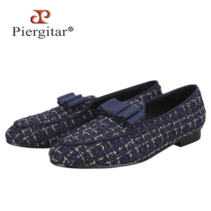 Piergitar New Multi-Color Blend Cotton Jacquard Belgian Loafers Handcrafted Bowtie Design Slip-On Men Smoking Slippers Plus Size