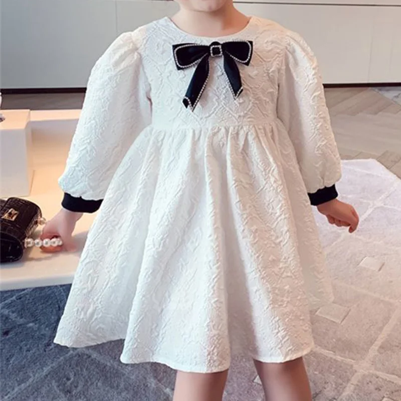 

Sweet Girls Patchwork Bow Children's Clothing 2023 Spring Autumn O-Neck White Versatile Long Sleeve Knee-Length Princess Dresses