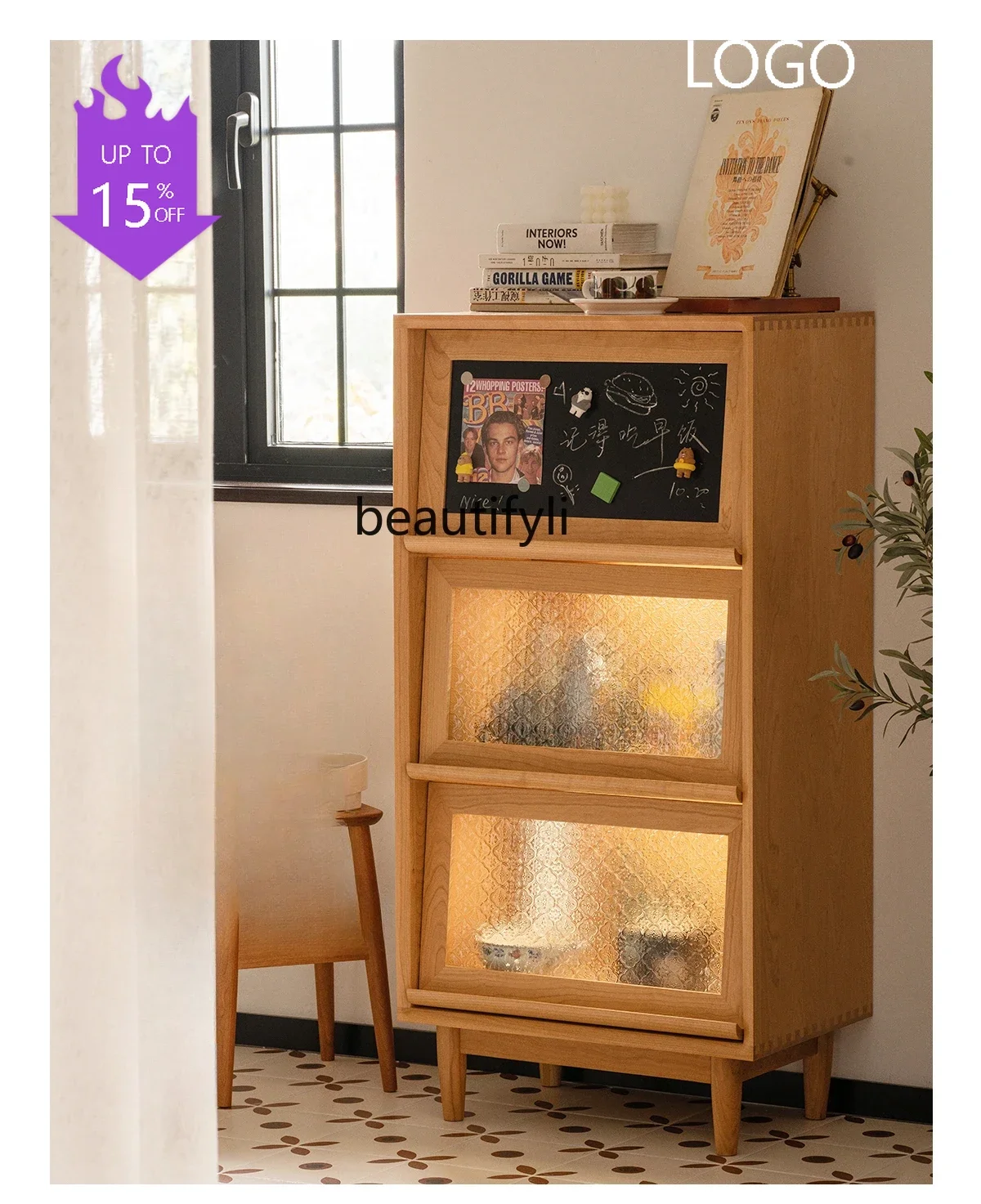 Q181 Solid Wood Bookcase Nordic Living Room Storage Cabinet Bedroom Multi-Functional Storage Cabinet Solid Wood Locker
