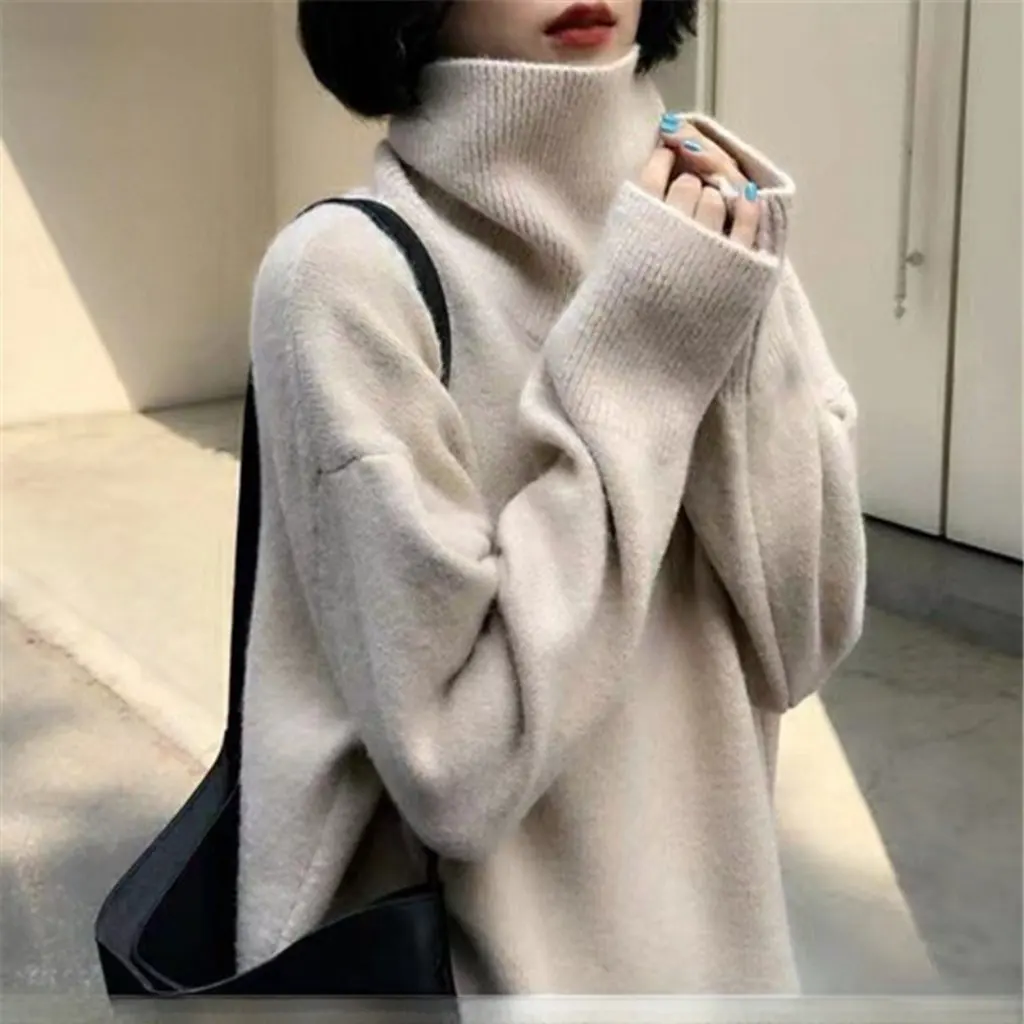 

Women's Pure Color Turtleneck Short Pullover Sweater Autumn Winter Korean Style Loose Knitted Bottoming Shirt