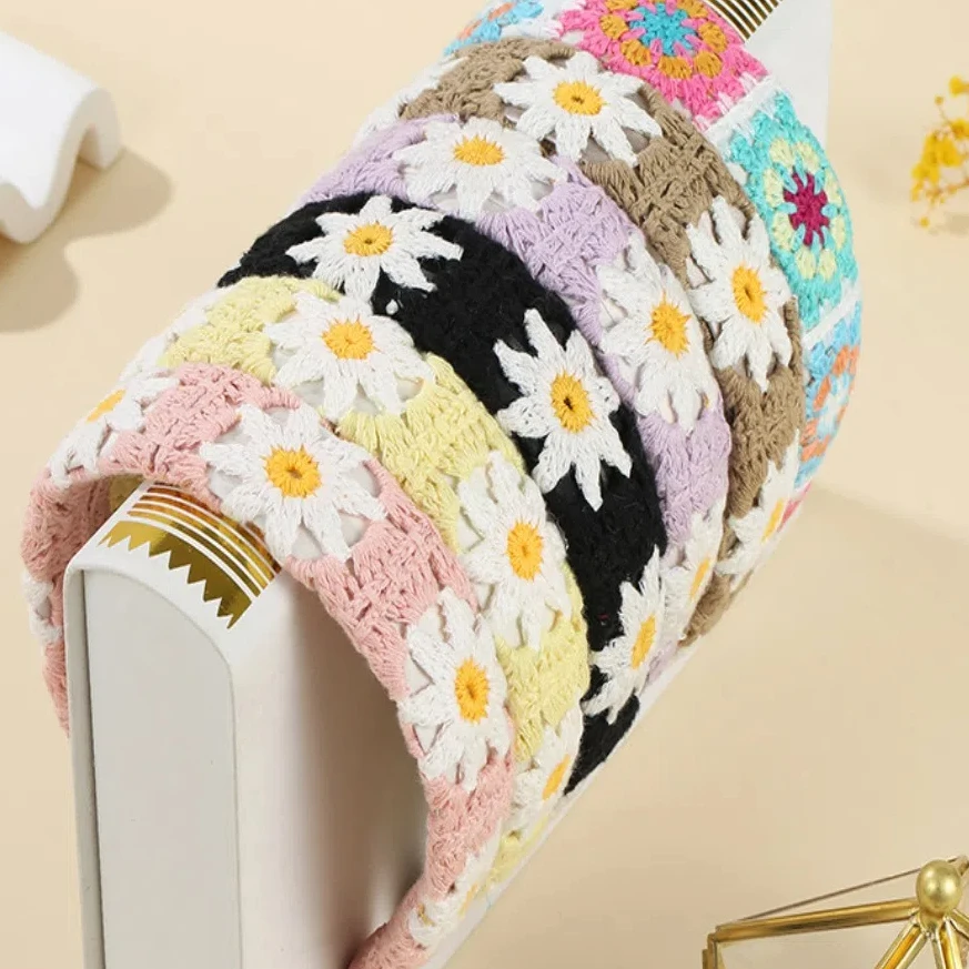 

Hair Accessories Colorful Wide Floral Hair Hoop Woven Polyester Flower Hollow Headband Soft Sweet Bohemian Daisy Haiband Beach