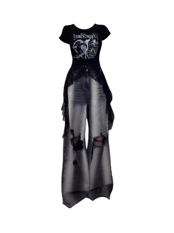 

plus Size Summer Faion Asymmetrical Slimming ort Sve Lace Patchwork Hole Denim Pants Set Women's round Ne Two-Piece Set