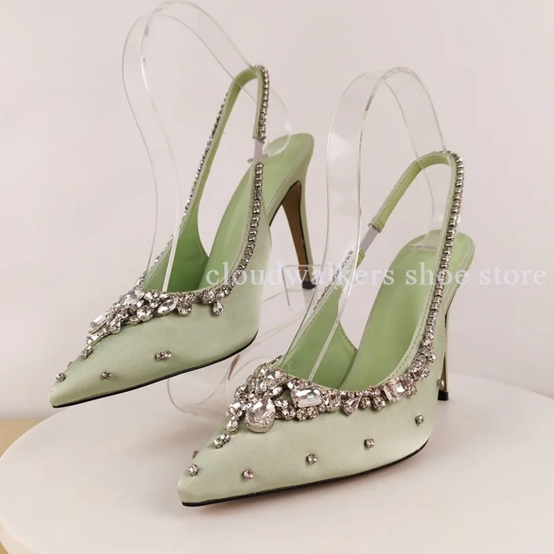 

Light Green Crystal Flower Embellished Satin Slingback Sandal Pointed Toe Rhinestone Back Strap Wedding Banquet Stiletto Sandals