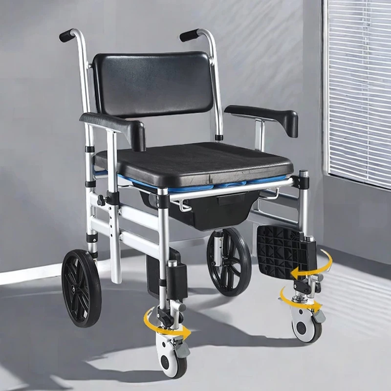 

Foldable Bathroom Wheelchair, Portable Elder Commode with Anti-Slip, Shower Stool Toilet Combo, Safety Senior Mobility Aid