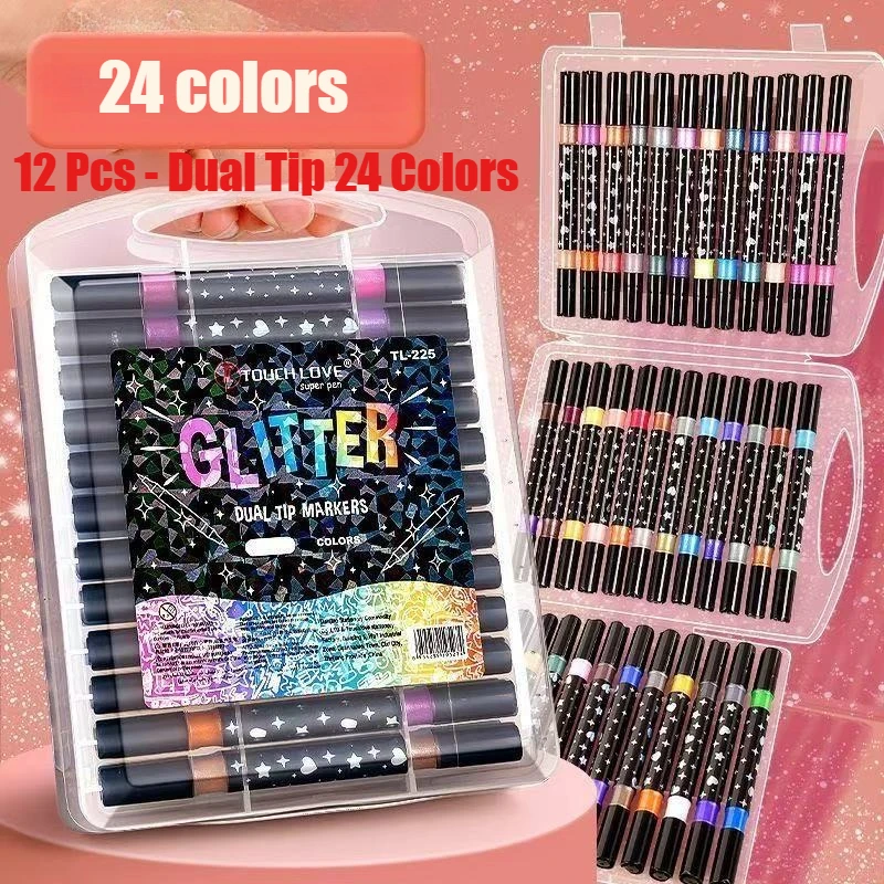 12Pcs 24 Colors Double Head Glitter Marker Set Quick Dry Glue Based Ink Metallic Flash Pens Dual Tip for Scrapbook Journal Card